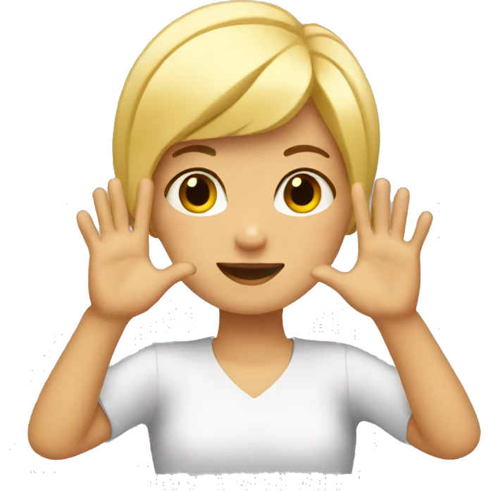 Girl with short blonde hair doing heart with her hands emoji