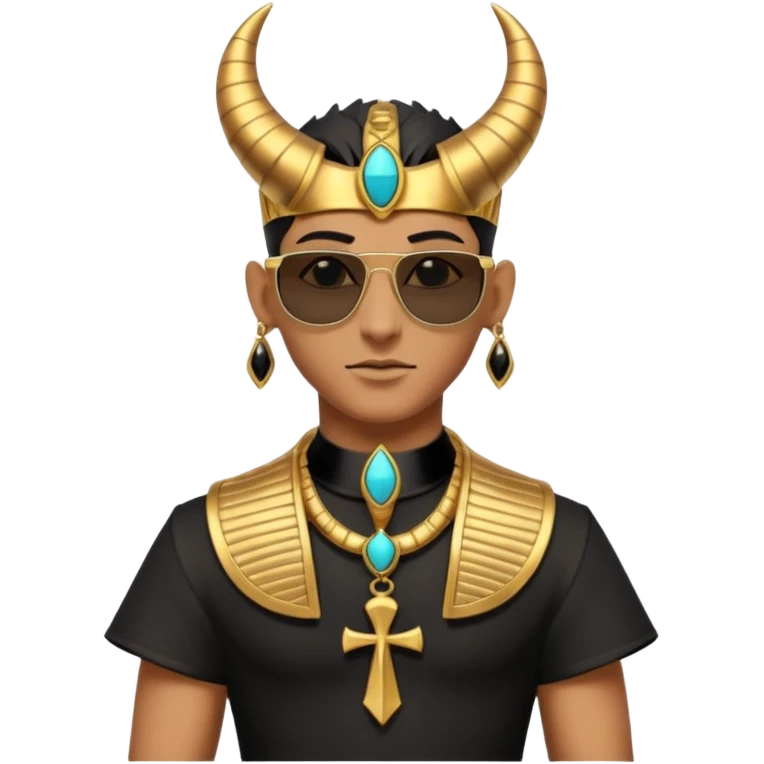 3D cartoon horned character portrait, wearing sunglasses, gothic ancient Egyptian style, pharaoh collar, dark gold and black outfit, ankh symbols, Egyptian jewelry, mysterious expression, soft dramatic lighting, centered, clean background, no text, no watermark emoji