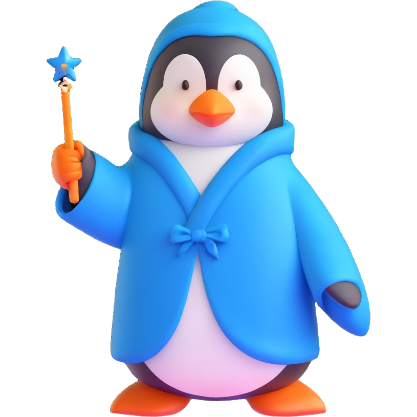 penguin wizard with a blue robe and magic wand emoji
