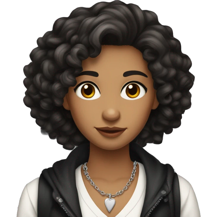 You have curly dark hair, expressive eyes with long lashes, and defined brows. Your skin is medium-toned, and you’re wearing a silver cross necklace. The white cardigan over a black top adds a stylish contrast. emoji