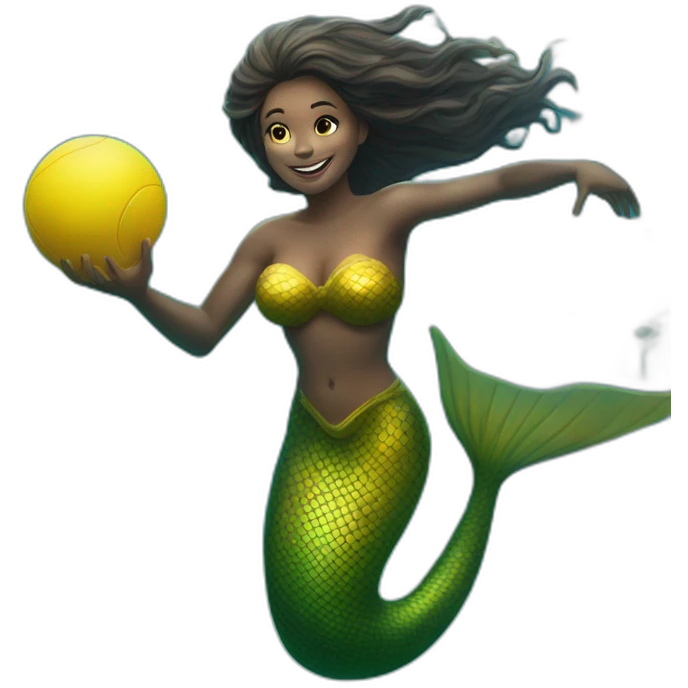 Underwater bold man mermaid swimming, holding a small yellow ball, winning enthousiasm emoji