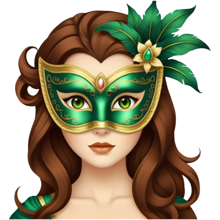 Greeneyed Woman blinking with Long Brown hair venetian mask emoji