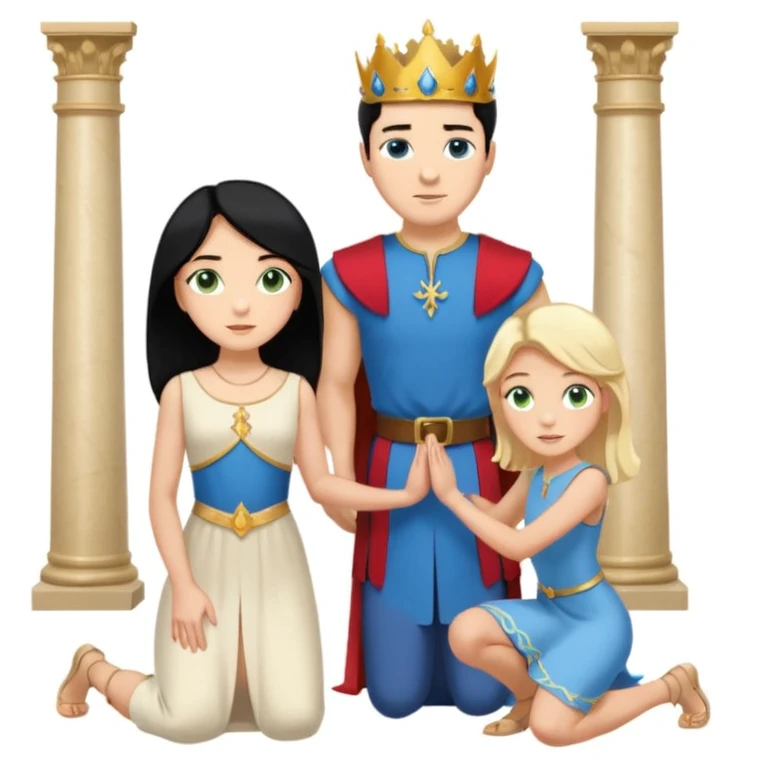 Man as king, black Hair, blue eyes, woman, blonde, green eyes, shott white sleveless Dress, kneeling, background palace emoji