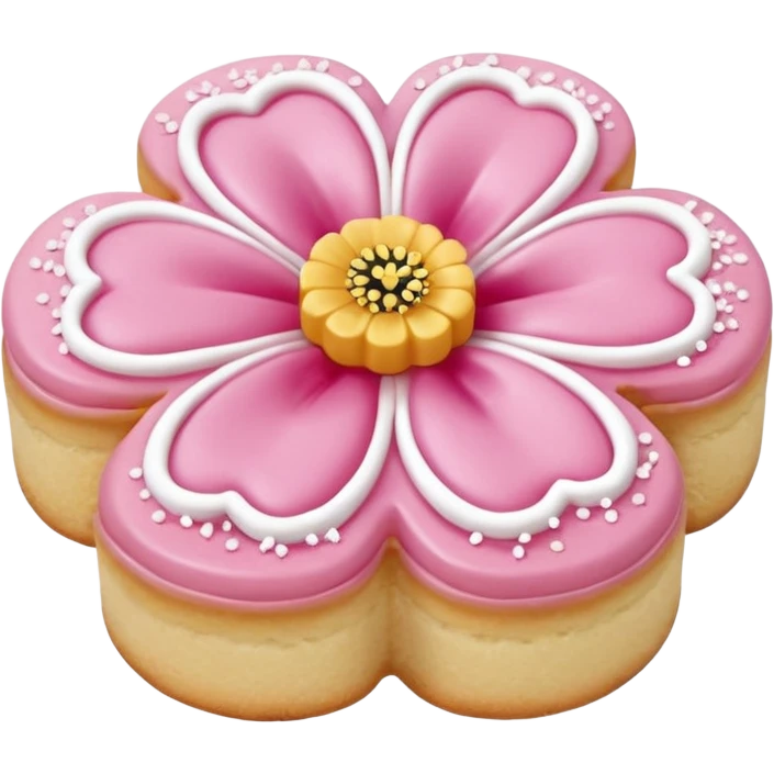 Realistic shortbread cookie in the shape of a camilia flower with pastel pink color jelly middle filling andkled powder sugar on top.emoj sprini emoji
