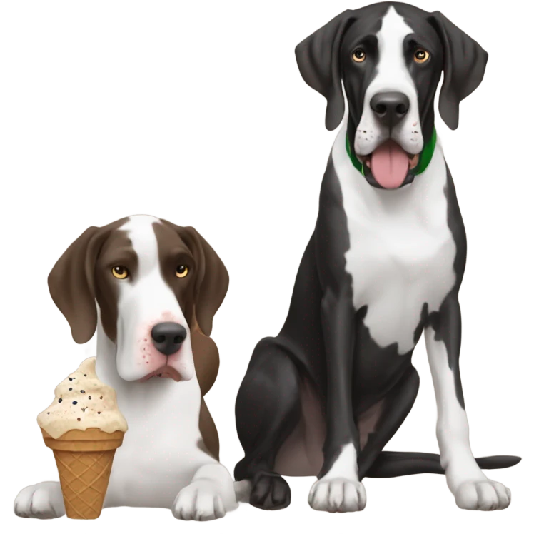 Black and white Great Dane eating an ice cream cone with a brown German short haired pointer emoji