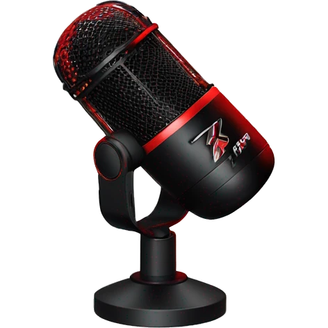 Create an emoji of the HyperX QuadCast microphone with its red LED grille, black body, and cylindrical shape, including a compact stand with a shock mount. emoji