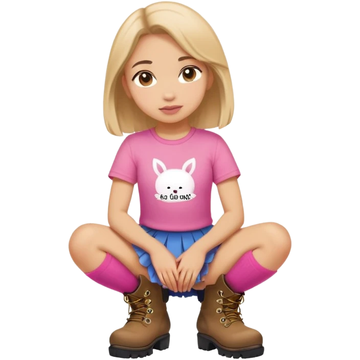  top and skirt with pink inscription “girl”  squatting in boots emoji