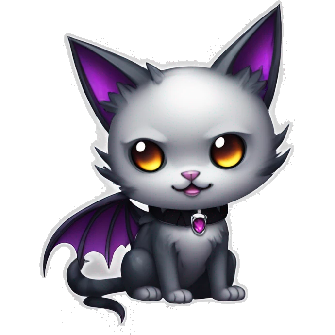   cool edgy kawaii anime-style ethereal dark-punk-themed animal vampiric cat-hybrid Fakemon with fangs and bat-wing-ears with a collar full body emoji