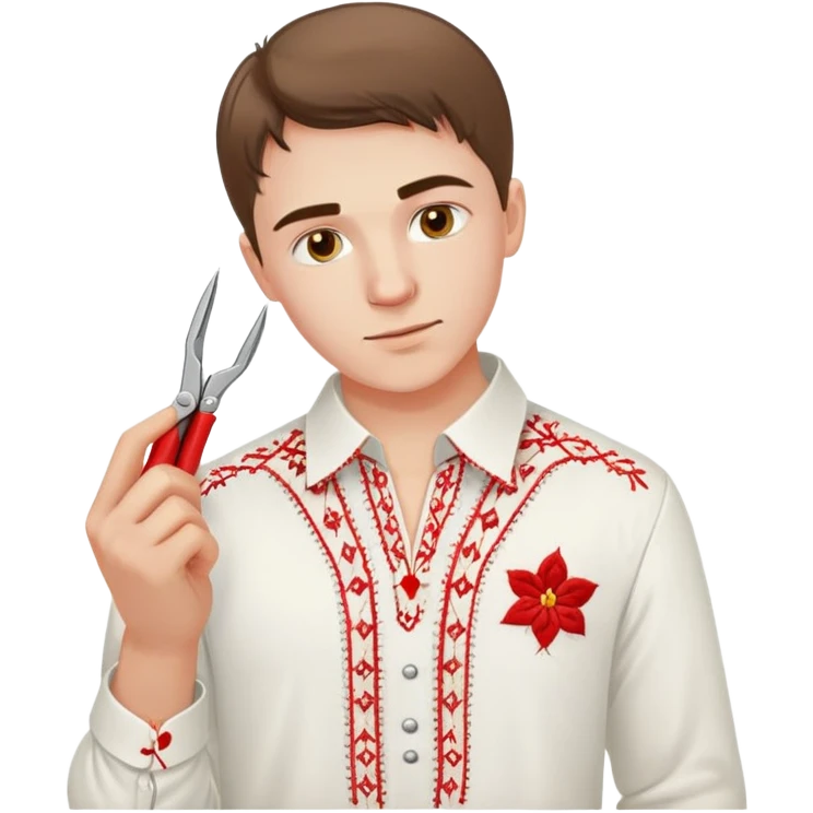Ukrainian young man in a white embroidered traditional shirt holding a red thread with a needle and pliers emoji
