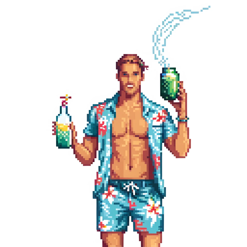human male Unbuttoned Hawaiian shirt, swim trunks, shaking a cocktail shaker (sparks flying) emoji