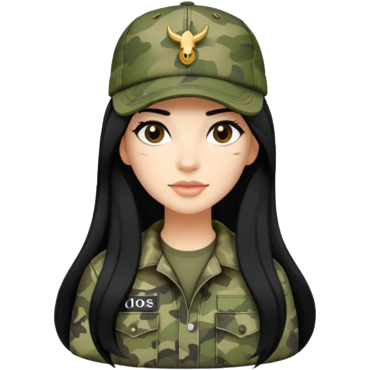 cartoon woman with long black hair wearing camo clothes and ian charms cap emoji