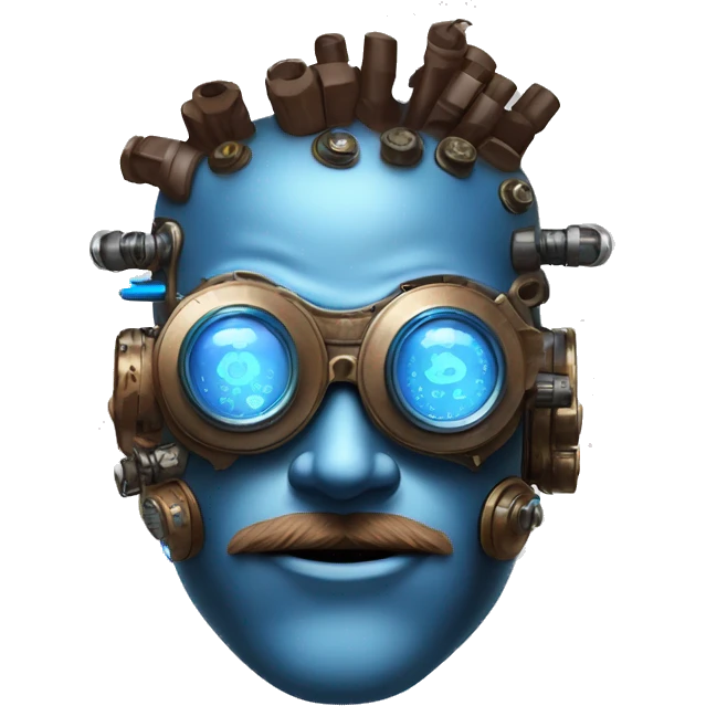 Brown cyborg head with blue Mohawk, blue beard, silver steampunk monocle goggles a smile and circuits emoji