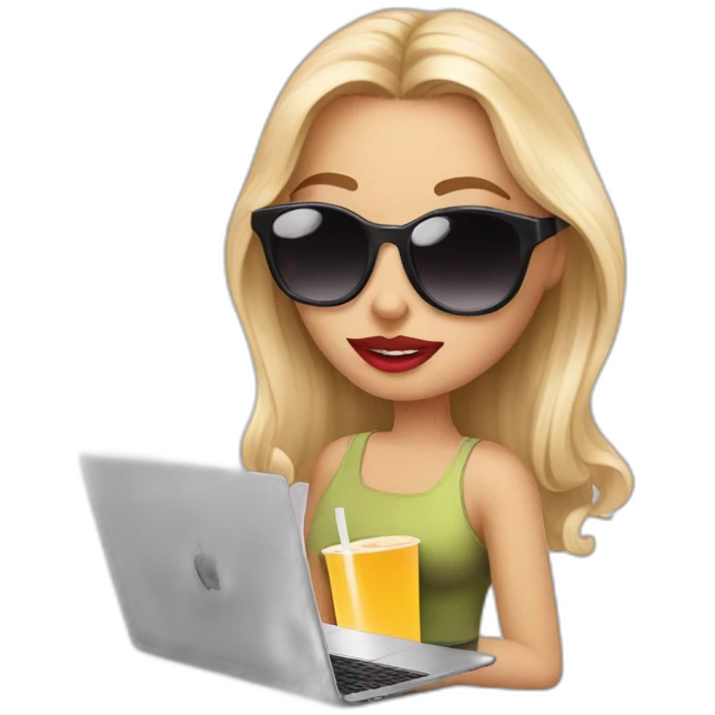 blonde girl+laptop+coffee+sunglasses+lipstick+bubble-tea emoji