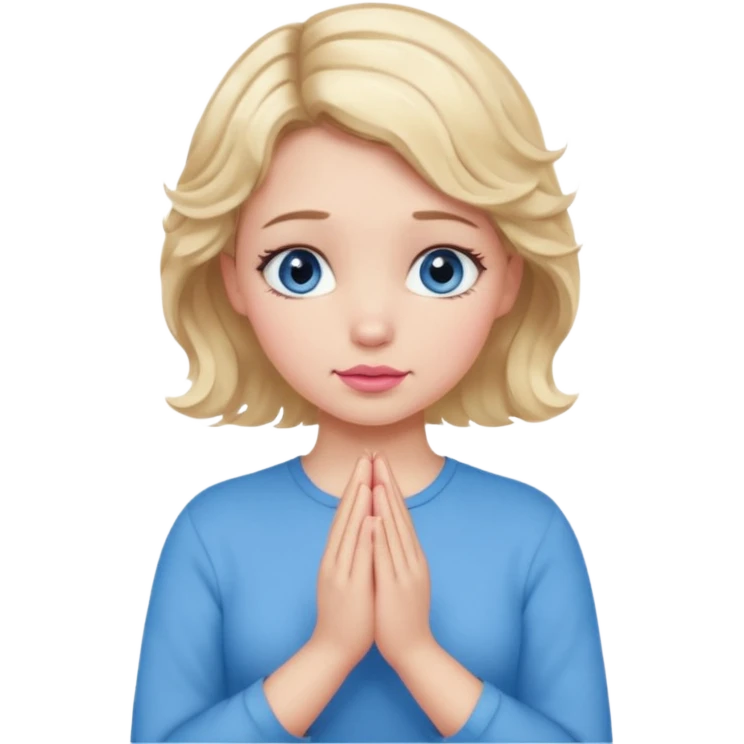 Girl Blonde short wavy hair,  blue eyes, cute blue top, long lashes, pink lips, praying hands emoji