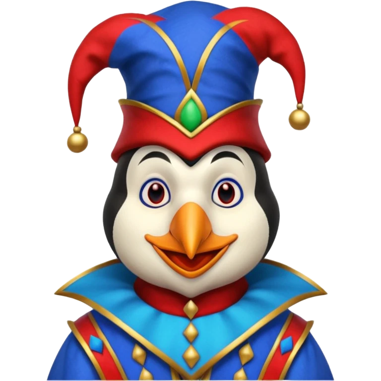 crazy colorful penguin jolly joker, medieval, vintage, court jester, mac os icon, blue color emoji