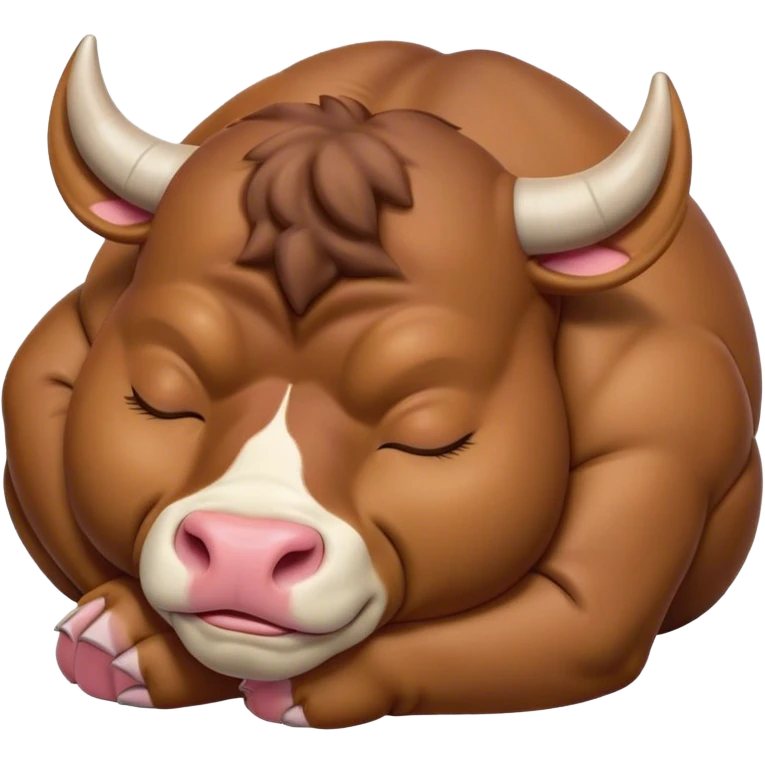 Meme-Worthy Cute Sleeping Domestic Bull Portrait Emoji, Head resting peacefully with a contented smile, showcasing a robust, muscular build and a luxuriously soft coat, eyes gently closed in serene, restful slumber, Simplified yet hilariously adorable features, highly detailed, glowing with a soft, drowsy natural light, high shine, relaxed and utterly lovable, stylized with an air of playful laziness, soft glowing outline, capturing the essence of a sleeping domestic bull that feels destined to become the next viral sensation of adorable rest! emoji