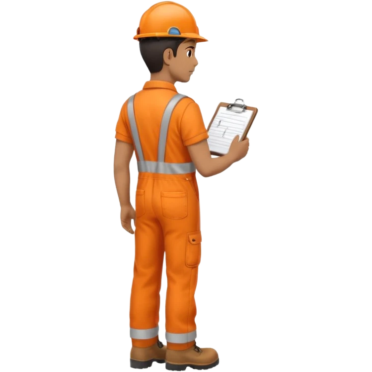 Indian male railway engineer orange overalls, boots holding a clipboard back view emoji