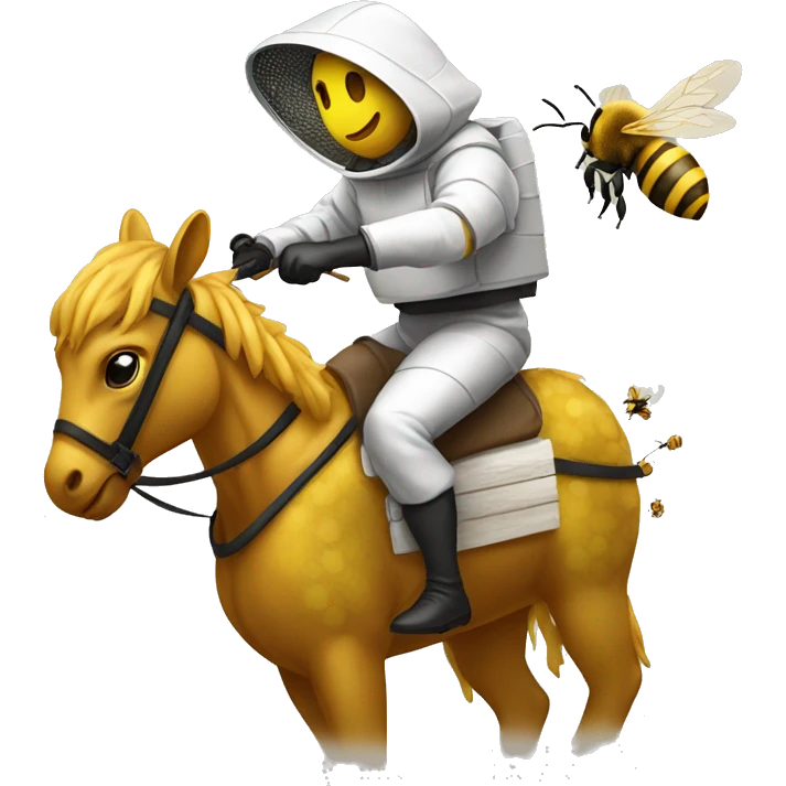 beekeeper wearing a fencing Veil style bee sute riding a horse with honey following him emoji