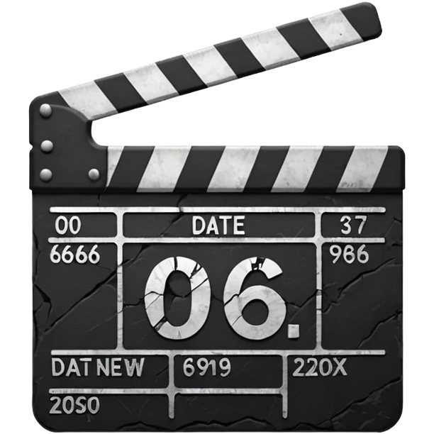 Minimalist emoji-style sticker of a cracked movie clapperboard with the date “06/06/66”, faint scorched marks, all in grayscale


 emoji