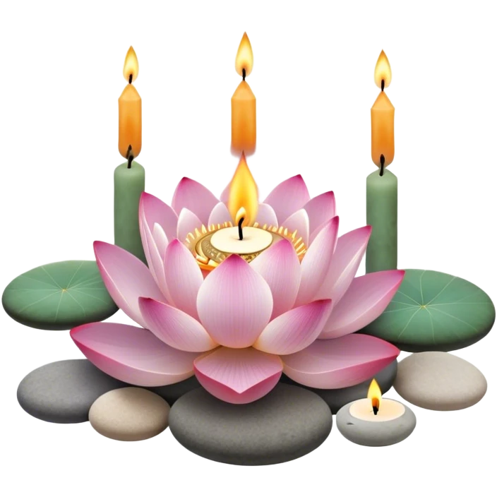 A photorealistic icon featuring lotus flowers, burning incense sticks with smoke rising, smooth round sea stones, and multiple small round candles arranged in a calming, tranquil setting. Soft, peaceful colors with detailed textures that evoke mindfulness and inner peace. Transparent background emoji