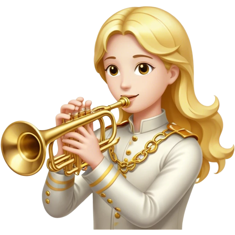Cinematic Realistic Trumpet, polished brass with warm golden reflections, intricate valve details subtly highlighted, soft hands pressing the keys, glowing with bold and triumphant musical energy. emoji