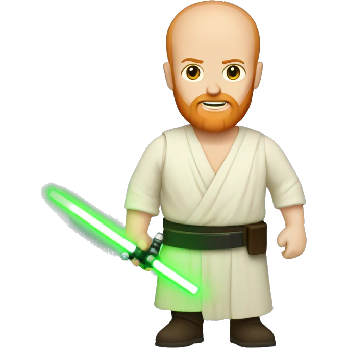 Full body Star Wars bald ginger bearded chubby man holding green light saber emoji