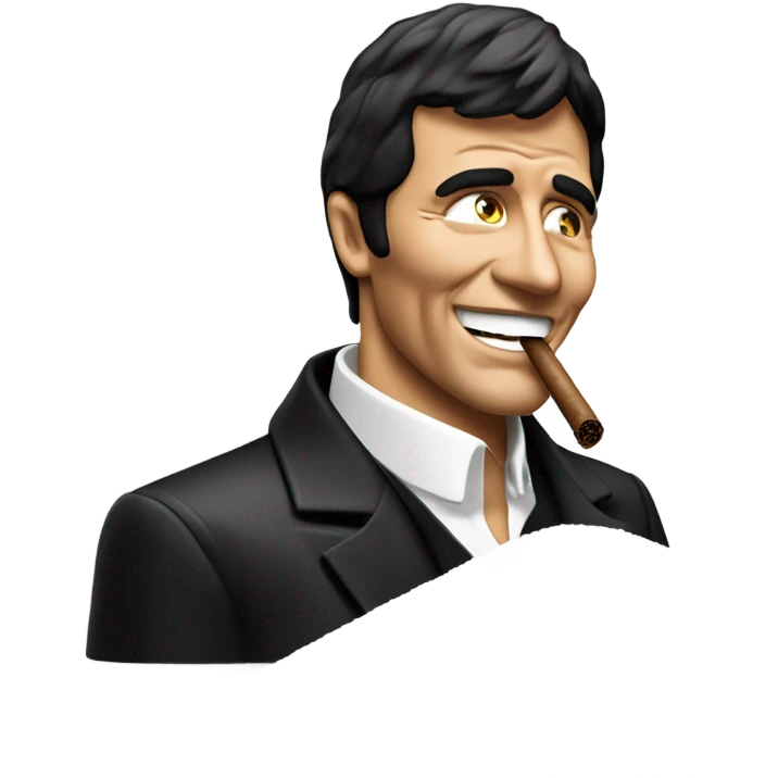 Tony Montana smiling behind a pile of sugar while he is smoking a cigar emoji