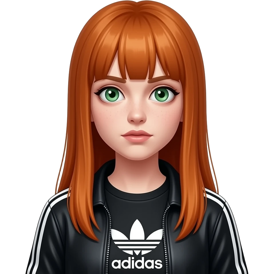 Long hair, ginger and zombie girl, green eyes, straight hair, and a black Adidas-type shirt and jacket.  Zombiie emoji