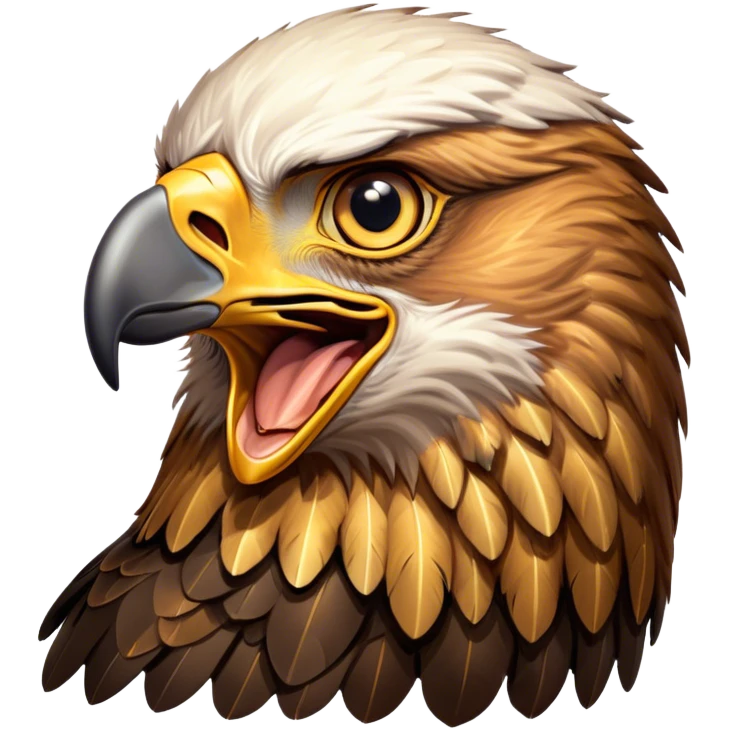 Cinematic Comical Golden Eagle Portrait Emoji, Head tilted dramatically with an exaggeratedly shocked expression, featuring a striking, broad-beaked form with wide, comically expressive eyes full of playful disbelief and richly textured golden feathers, Simplified yet hilariously expressive features, highly detailed, glowing with a slightly sassy amber glow, high shine, dramatic yet playful, stylized with an air of cheeky aerial mischief, soft glowing outline, capturing the essence of a meme-worthy golden eagle that looks ready to side-eye its way into viral fame! emoji