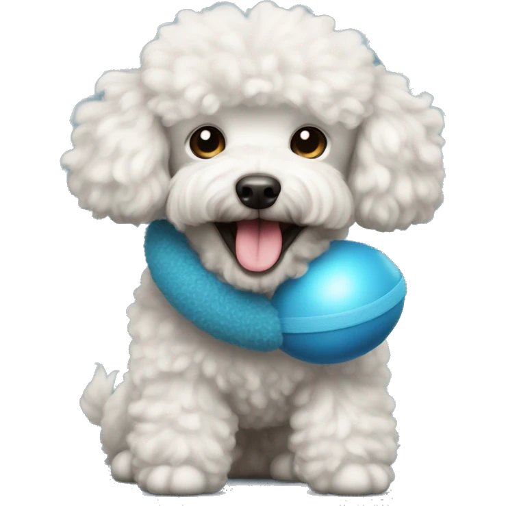 Poodle dog with fluffy hair holding a toy in its mouth emoji