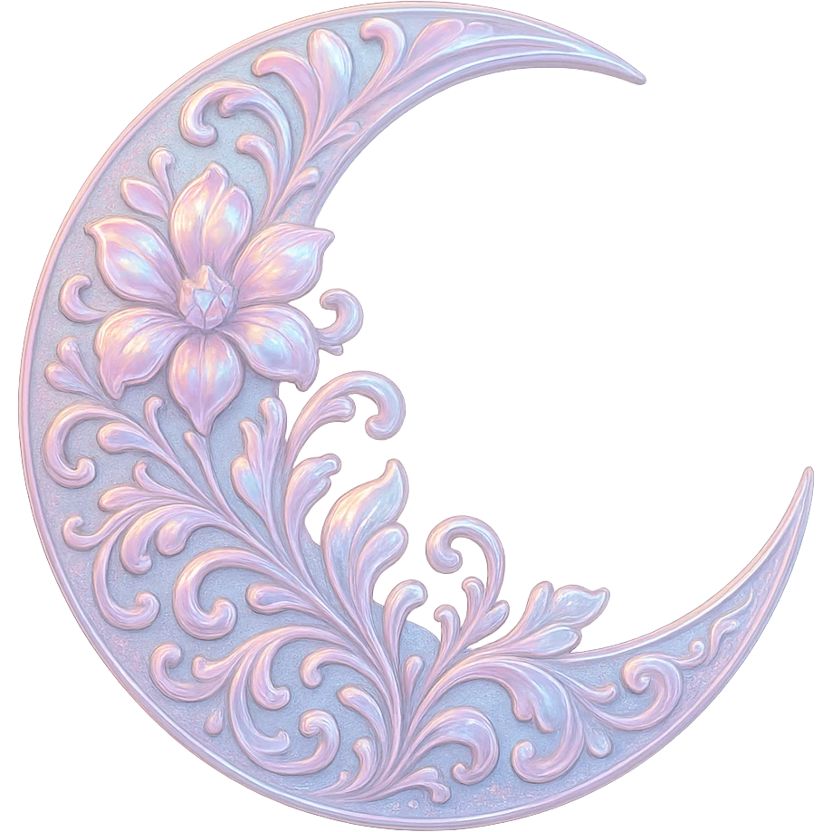 glossy Pastel iridescent floral shiny crystal crescent damask moon, remove background emoji
