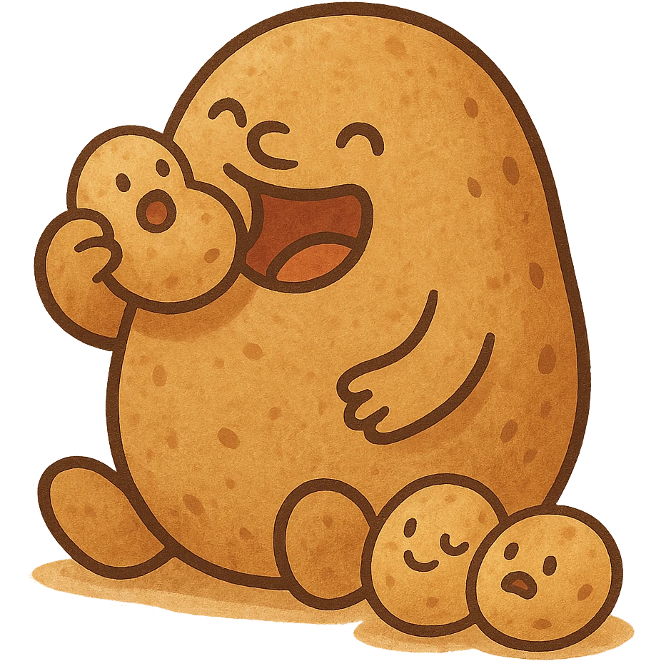 humorous and cute potato characters in Turkish humor style, one potato eating other potatoes, lively colors, fun facial expressions emoji