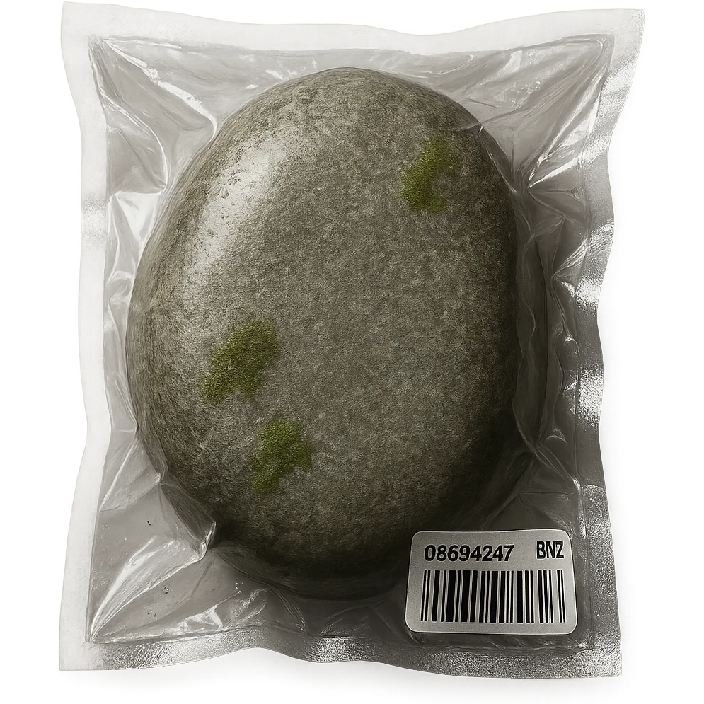 large smooth stone with a few moss spots, glossy emoji
