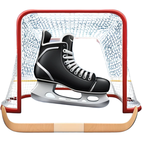 An icon showing a hockey stick, puck, skates, and goalposts on the ice. The background features a large hockey stadium with cheering fans, bright lights, and a snowy landscape visible through the arena. Transparent background highlights the main hockey equipment and atmosphere. emoji