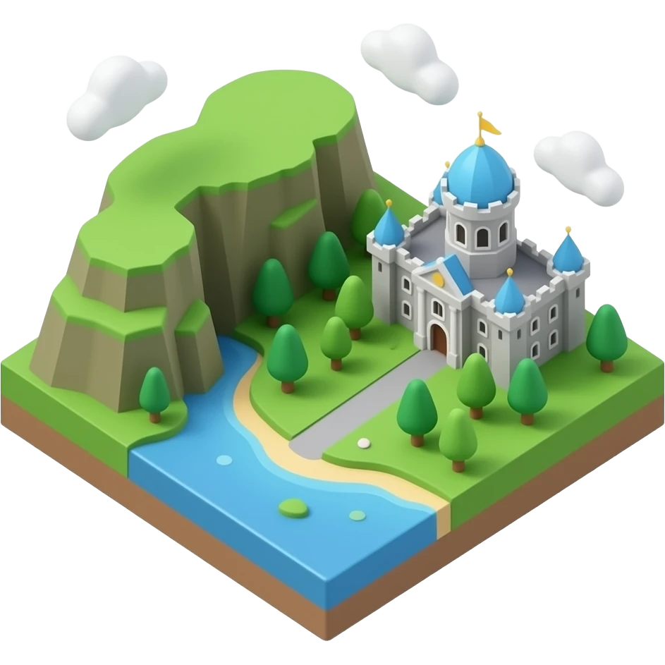 3D isometric miniature emoji of Ireland landmarks, including Cliffs of Moher, Dublin castle, and a small green countryside, cute chibi style, rounded shapes, glossy vibrant colors, soft lighting, tiny diorama, minimal background emoji