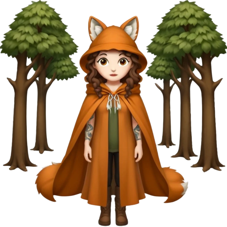 full body woman long curly brown hair brown eyes white skin tattoos wearing fox ear hat and open forest cloak, confident stance emoji