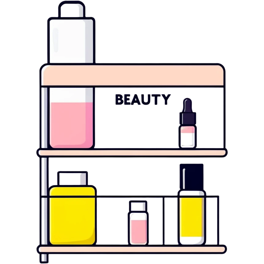 big long white shelf with one serum bottle labeled beauty brand and big sticky note emoji