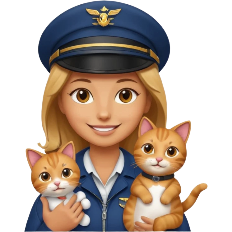 woman sitting in airplane wearing pilot outfit holding a cat emoji emoji
