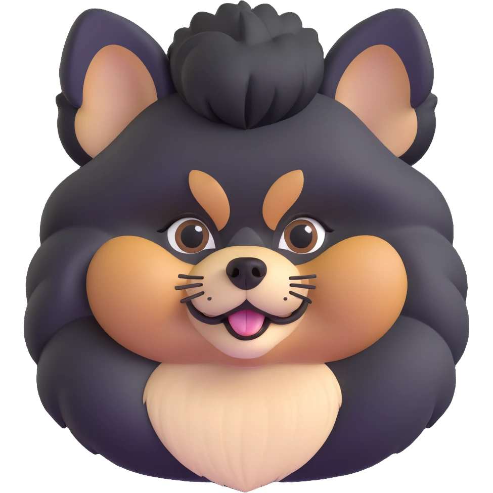 fluffy black and tan Pomeranian dog face, big dark eyes, black button nose, tan muzzle, tan eyebrow spots, thick fluffy fur, upright triangular ears with gray tips, friendly and cute emoji