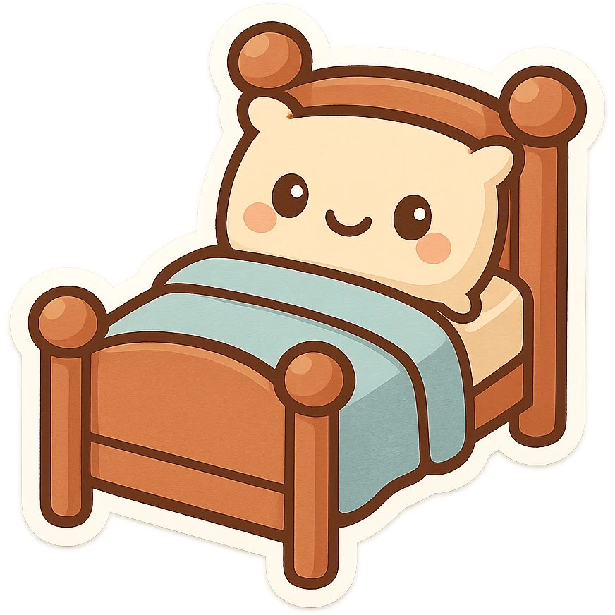 a cartoon-style bed with a smiling face on the pillow, playful and cute emoji