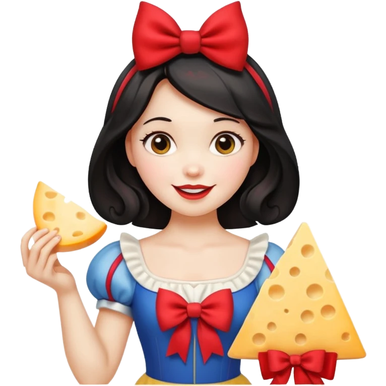 Happy Snow White with red bow in hair and holding triangle wedge of cheese emoji
