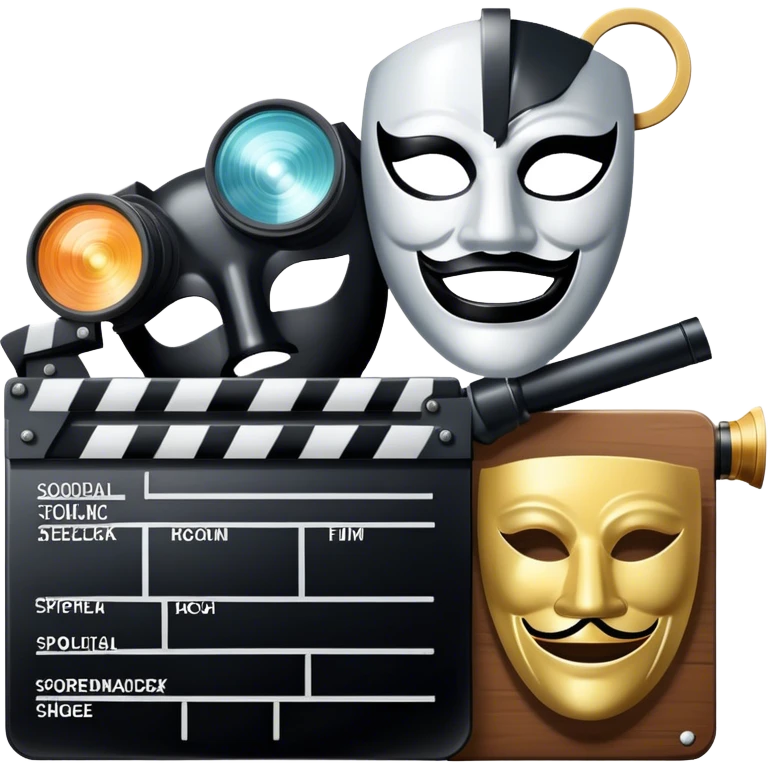 Icon for Acting in Theater and Movie: a stage with a spotlight and cinema, a film camera, a clapperboard and a dramatic mask. The design should represent both theatrical performance and cinematic art. Transparent background. emoji