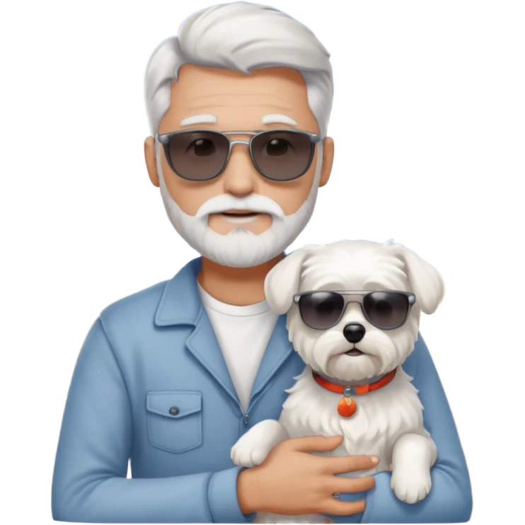 white man grey and white hair beard holding a white Maltese on a beach emoji