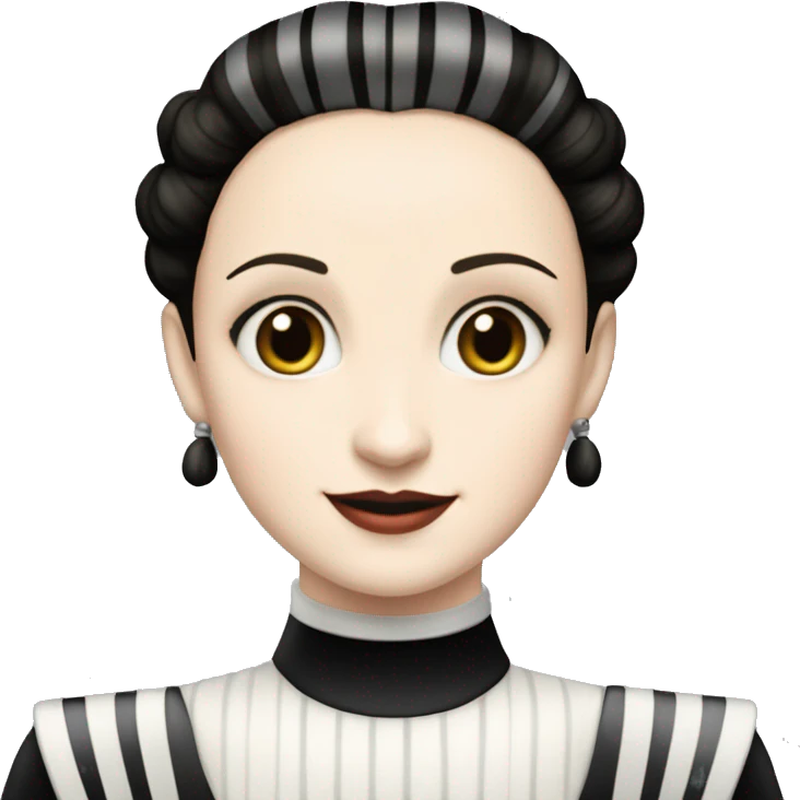 Queen Amidala, 1999 teen Wednesday Addams from academy. Smiling. Dark-gray and black striped outfit. Very Pale-white porcelain skin.  emoji