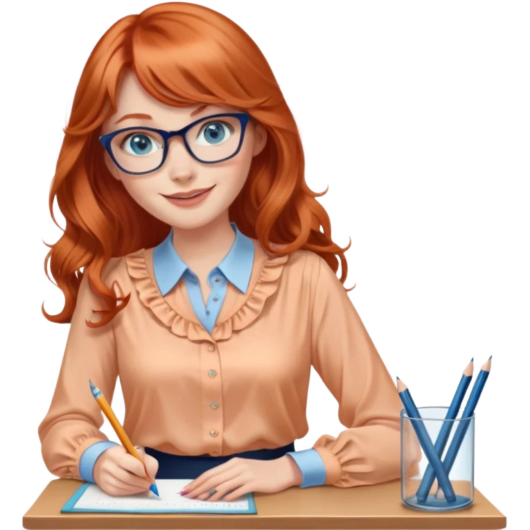 redheaded woman with very long wavy hair and bangs, blue eyes, clear cat-eye glasses, apricot silk blouse, pencil skirt, holding a pencil, smiling emoji