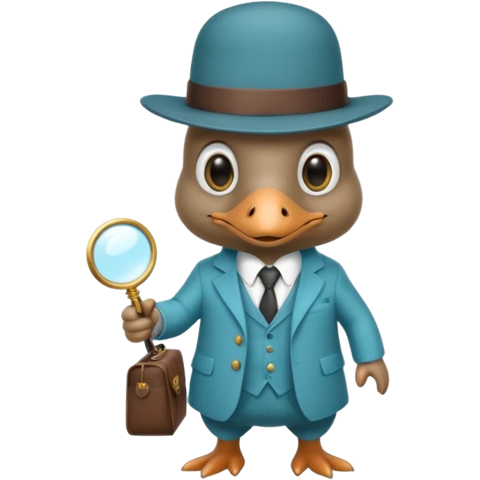 cute light blue turqiouse platypus with a detective hat and monocle on his eye, no  hands, looks like a platypus but blue, the hat and suit are not blue emoji