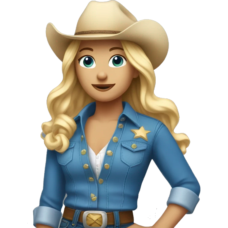 Cowgirl with blonde hair and Blue eyes in blue clothes  and that dances  emoji