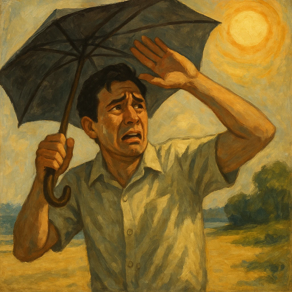 Create a symbolic, semi-realistic outdoor scene (beach or park) featuring a man with expressive, worried body language. The man is raising his hands or using an umbrella or large hat to block natural, warm sunlight. He looks uncomfortable or fearful, as if trying to protect himself from the sun. Use muted colors and an expressive, semi-realistic style symbolizing misunderstanding about sunlight and health. Use the reference image for facial features and general appearance. emoji