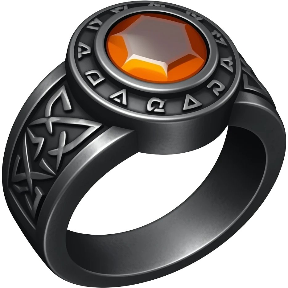 A runic ring meant for dark warlocks, dark and ominous with strange occult markings. Make it foreboding, maybe with a dark grey and orange gem emoji