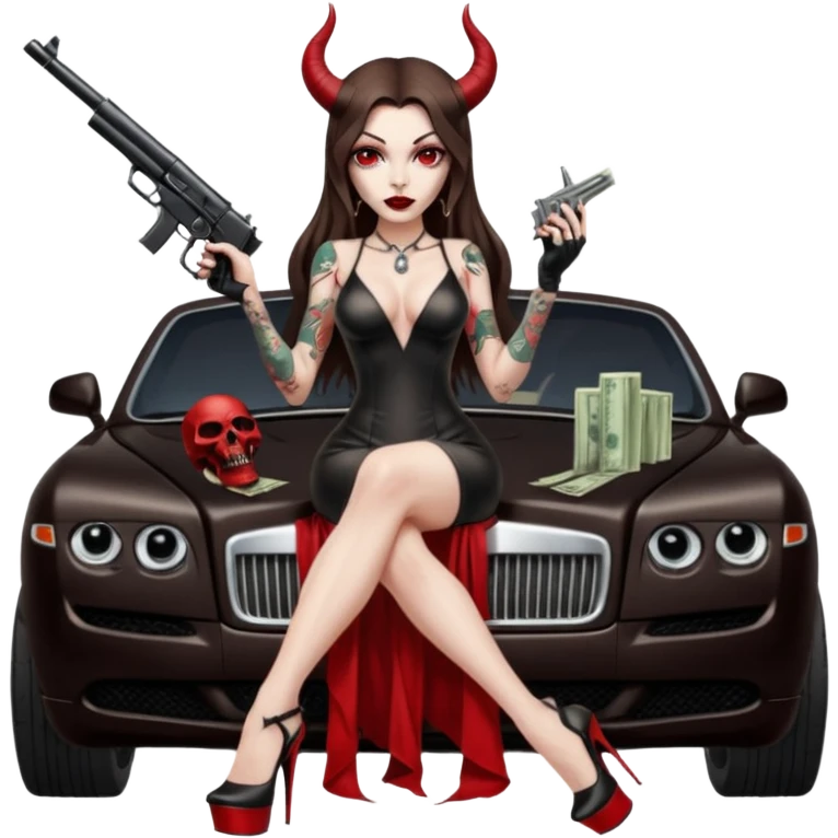Lilith model red eye sexy black  devil horns.  long brown haired sexy succubus woman with leather long dress slit, sitting on rolls Royce. Wearing Black Platform high heels on feet. Tattoo sleeve arms, dead human skull of her ex skull is on top of stack of cash and a gun in  hand emoji